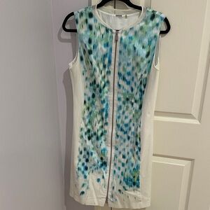 Elie Tahari White Mini Dress with Blue & Green Abstract Print